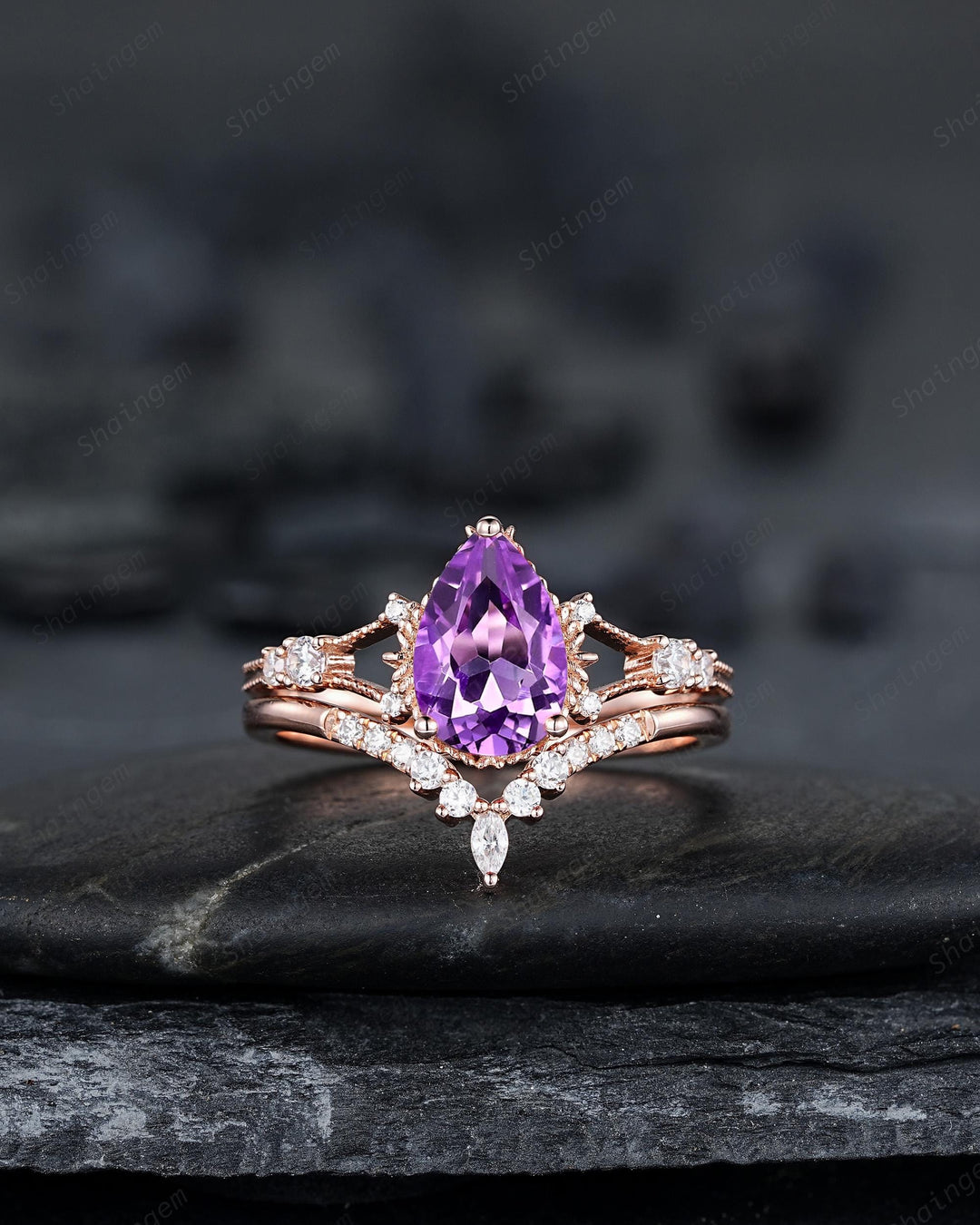 3PCS Pear Shape Natural Purple Amethyst Engagement Ring Set, Vintage Rose Gold Promise Wedding Ring Gift for Women, February Birthstone Gift - ShainJewelry