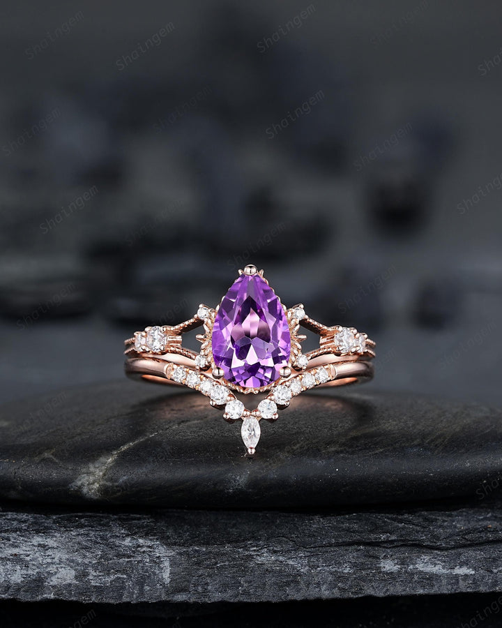 3PCS Pear Shape Natural Purple Amethyst Engagement Ring Set, Vintage Rose Gold Promise Wedding Ring Gift for Women, February Birthstone Gift - ShainJewelry