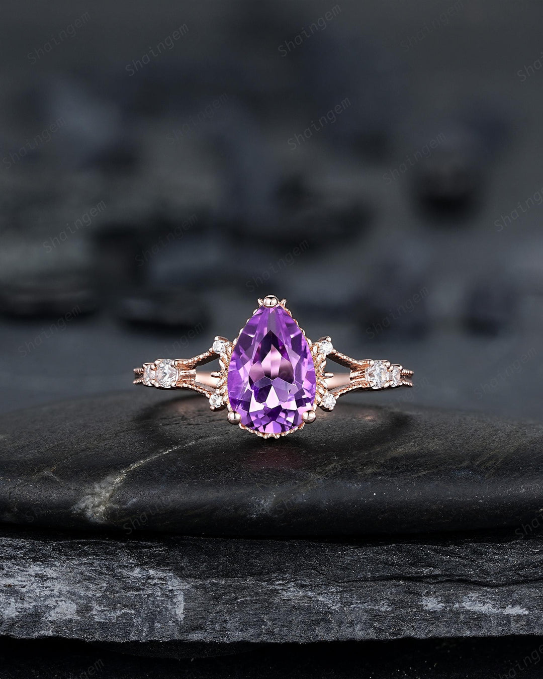 3PCS Pear Shape Natural Purple Amethyst Engagement Ring Set, Vintage Rose Gold Promise Wedding Ring Gift for Women, February Birthstone Gift - ShainJewelry