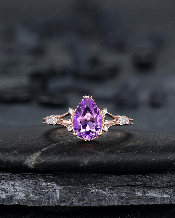 3PCS Pear Shape Natural Purple Amethyst Engagement Ring Set, Vintage Rose Gold Promise Wedding Ring Gift for Women, February Birthstone Gift - ShainJewelry