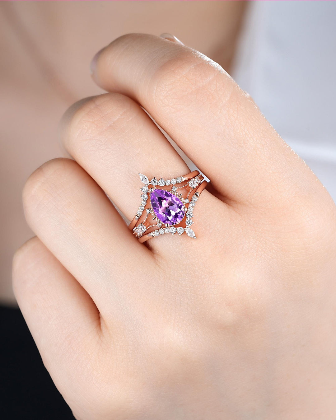 3PCS Pear Shape Natural Purple Amethyst Engagement Ring Set, Vintage Rose Gold Promise Wedding Ring Gift for Women, February Birthstone Gift - ShainJewelry