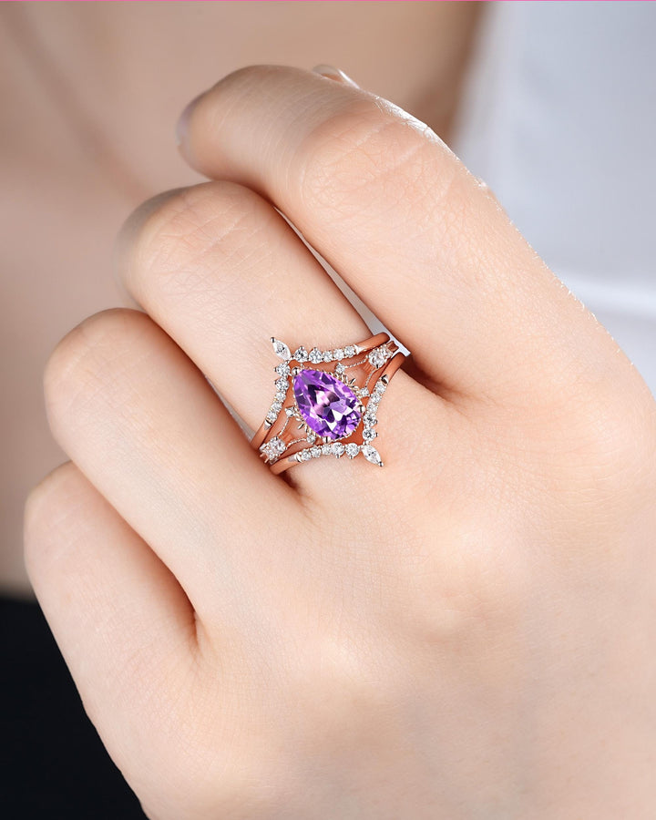 3PCS Pear Shape Natural Purple Amethyst Engagement Ring Set, Vintage Rose Gold Promise Wedding Ring Gift for Women, February Birthstone Gift - ShainJewelry