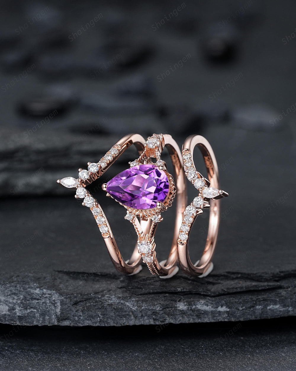 3PCS Pear Shape Natural Purple Amethyst Engagement Ring Set, Vintage Rose Gold Promise Wedding Ring Gift for Women, February Birthstone Gift - ShainJewelry