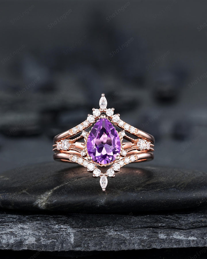 3PCS Pear Shape Natural Purple Amethyst Engagement Ring Set, Vintage Rose Gold Promise Wedding Ring Gift for Women, February Birthstone Gift - ShainJewelry