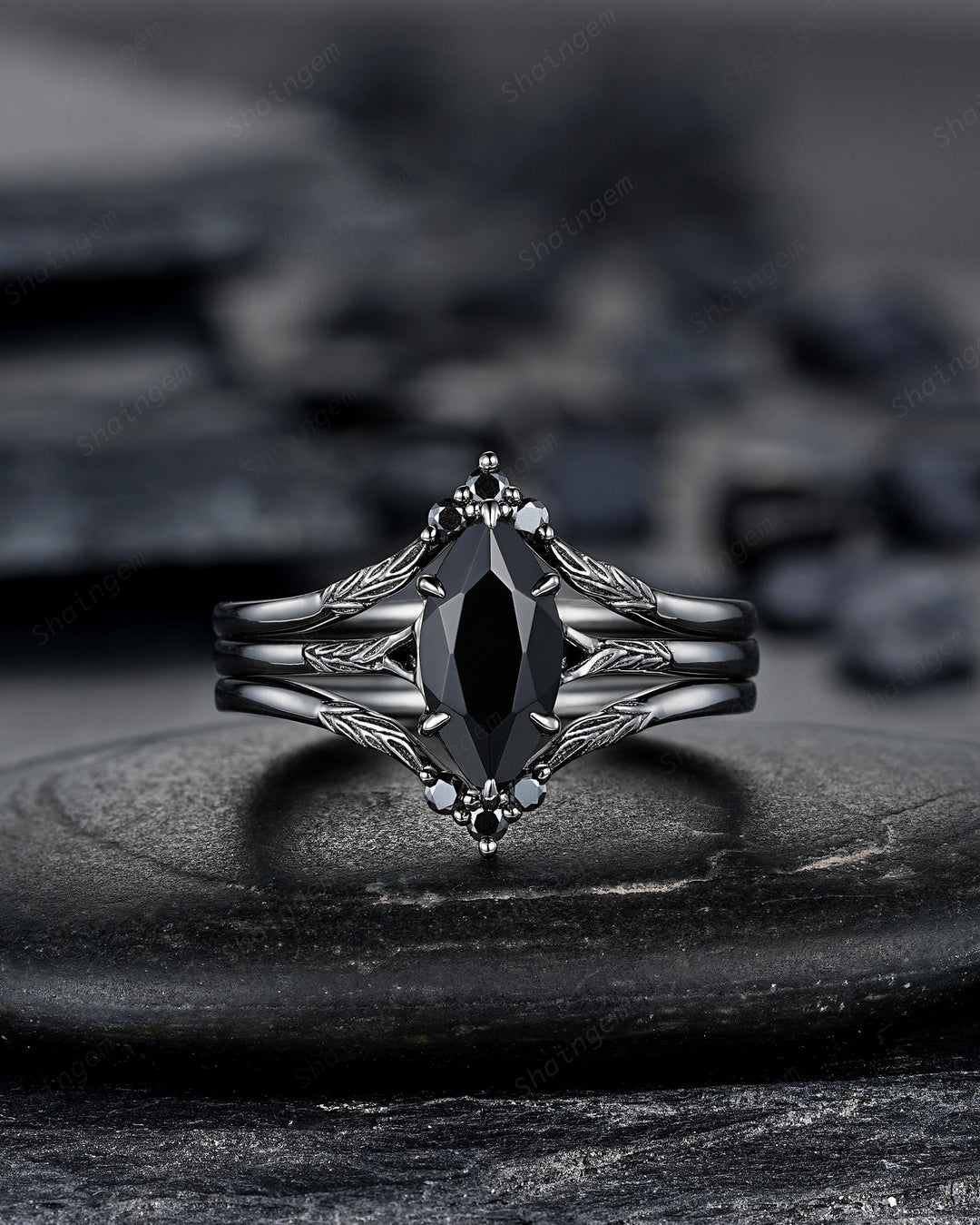 3PCS Black Gold Marquise Cut Black Onyx Engagement Ring Set, Gothic Punk Black Rhodium Engraved Leaf Solitary Wedding Set Promise Ring Gift - ShainJewelry