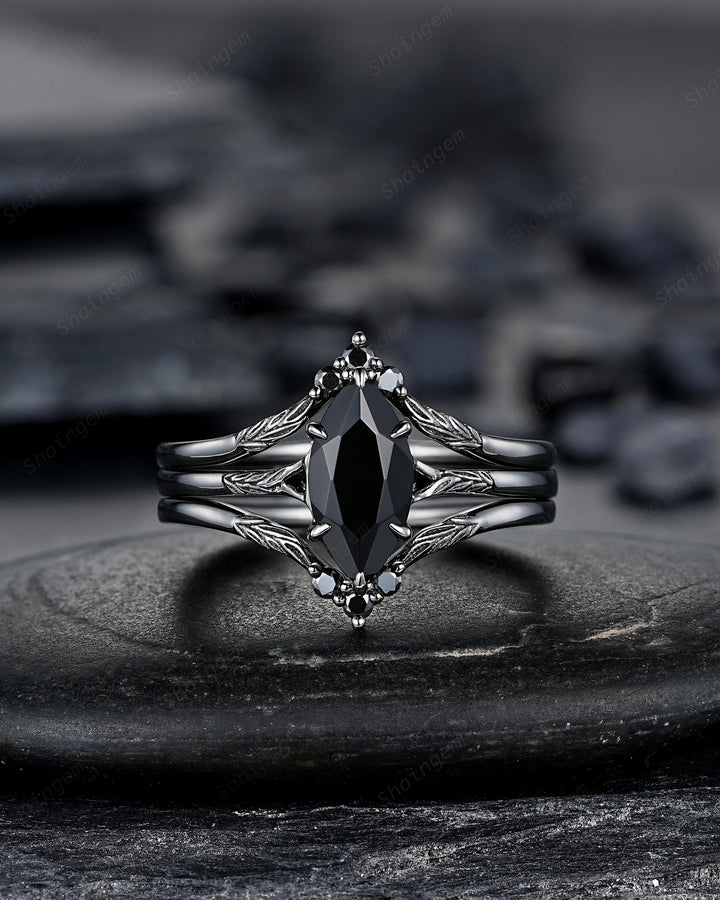 3PCS Black Gold Marquise Cut Black Onyx Engagement Ring Set, Gothic Punk Black Rhodium Engraved Leaf Solitary Wedding Set Promise Ring Gift - ShainJewelry