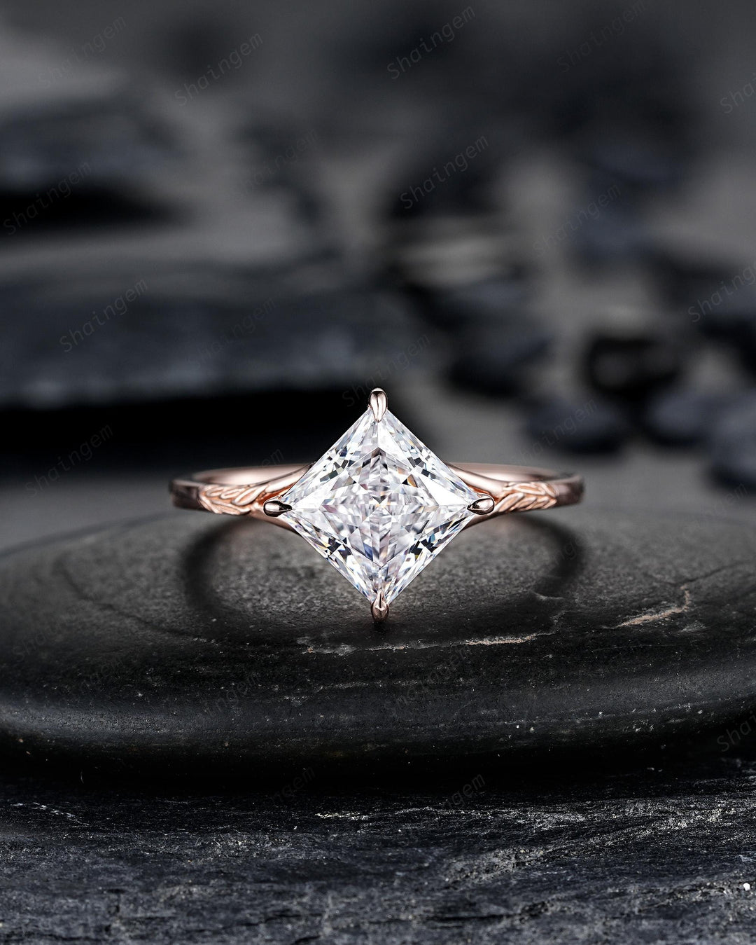 Unique 3PCS Princess Cut Moissanite Solitaire Leaf Engagement Ring Nature Inspired Vine Wedding Set Rose Gold Promise Ring Gift for Women - ShainJewelry