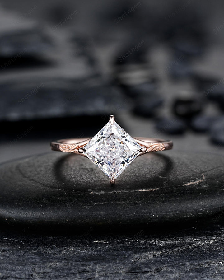 Unique 3PCS Princess Cut Moissanite Solitaire Leaf Engagement Ring Nature Inspired Vine Wedding Set Rose Gold Promise Ring Gift for Women - ShainJewelry