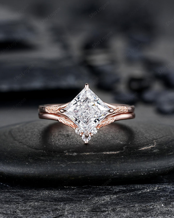 Unique 3PCS Princess Cut Moissanite Solitaire Leaf Engagement Ring Nature Inspired Vine Wedding Set Rose Gold Promise Ring Gift for Women - ShainJewelry