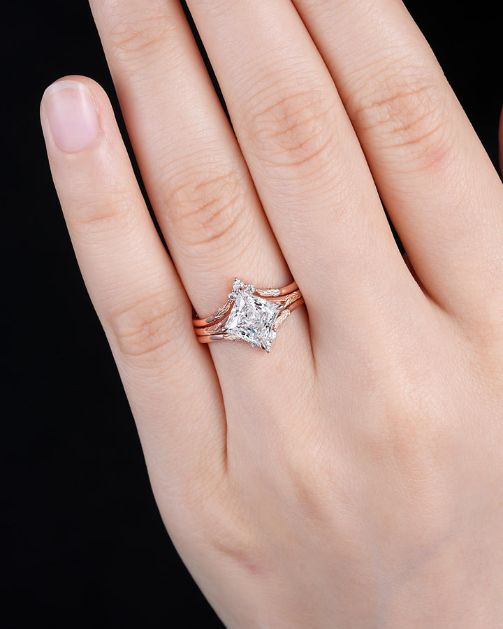 Unique 3PCS Princess Cut Moissanite Solitaire Leaf Engagement Ring Nature Inspired Vine Wedding Set Rose Gold Promise Ring Gift for Women - ShainJewelry