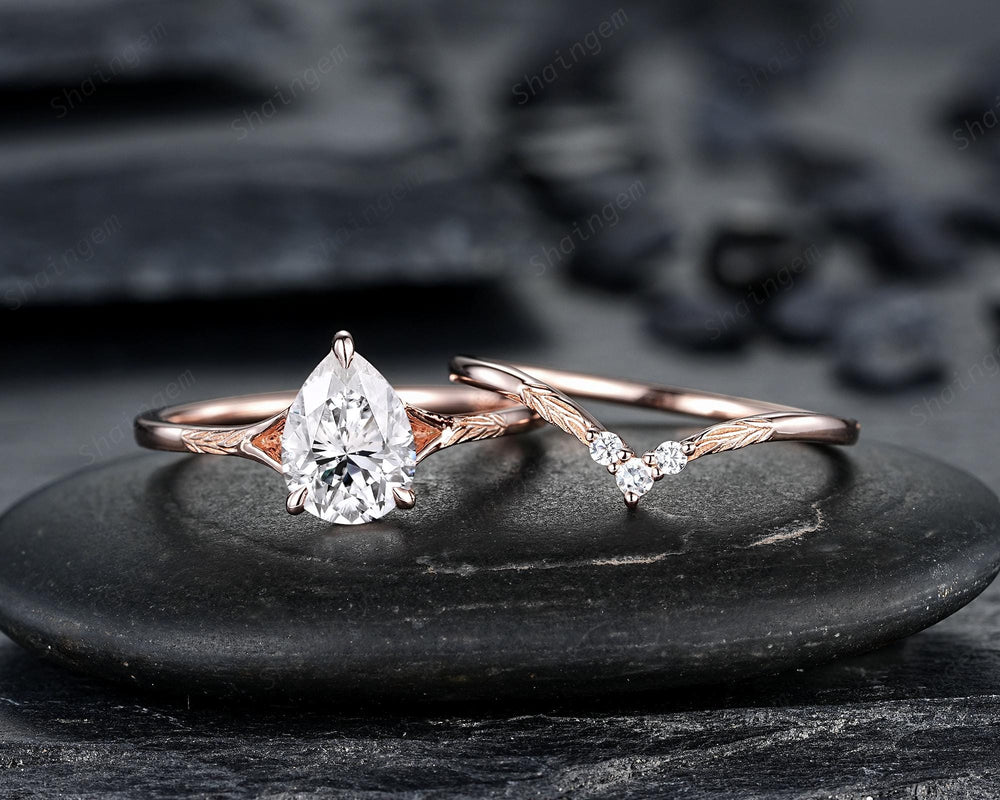 Vintage Pear Shape Moissanite Solitaire Engagement Ring Set, Nature Inspired Leaf Vine Solitary Rose Gold Promise Wedding Ring his and hers - ShainJewelry