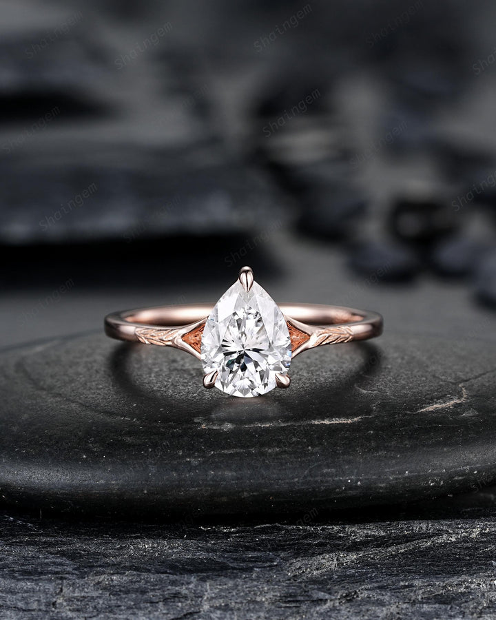 Vintage Pear Shape Moissanite Solitaire Engagement Ring Set, Nature Inspired Leaf Vine Solitary Rose Gold Promise Wedding Ring his and hers - ShainJewelry