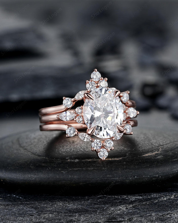 Unique 3PCS Crown Oval Shape 3 Carat Colorless Moissanite Engagement Ring Set, Vintage Curved Rose Gold Promise Wedding Ring Gift for Women - ShainJewelry