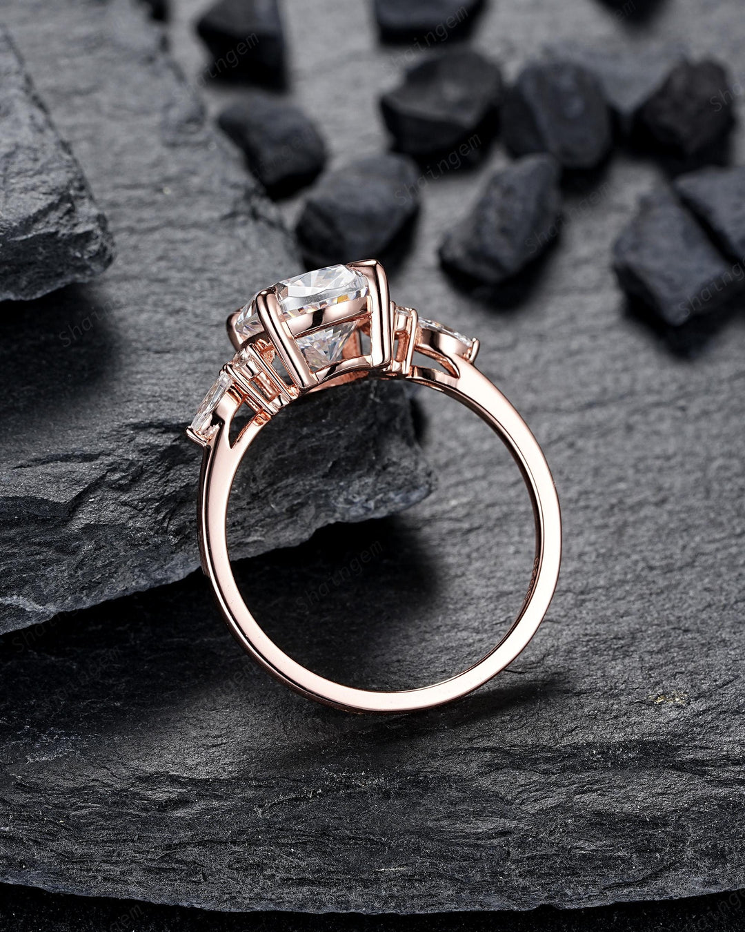 Unique 3PCS Crown Oval Shape 3 Carat Colorless Moissanite Engagement Ring Set, Vintage Curved Rose Gold Promise Wedding Ring Gift for Women - ShainJewelry