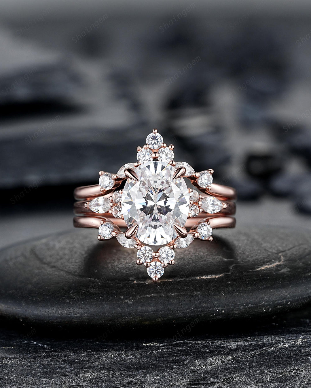 Unique 3PCS Crown Oval Shape 3 Carat Colorless Moissanite Engagement Ring Set, Vintage Curved Rose Gold Promise Wedding Ring Gift for Women - ShainJewelry