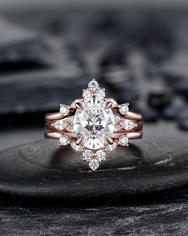 Unique 3PCS Crown Oval Shape 3 Carat Colorless Moissanite Engagement Ring Set, Vintage Curved Rose Gold Promise Wedding Ring Gift for Women - ShainJewelry