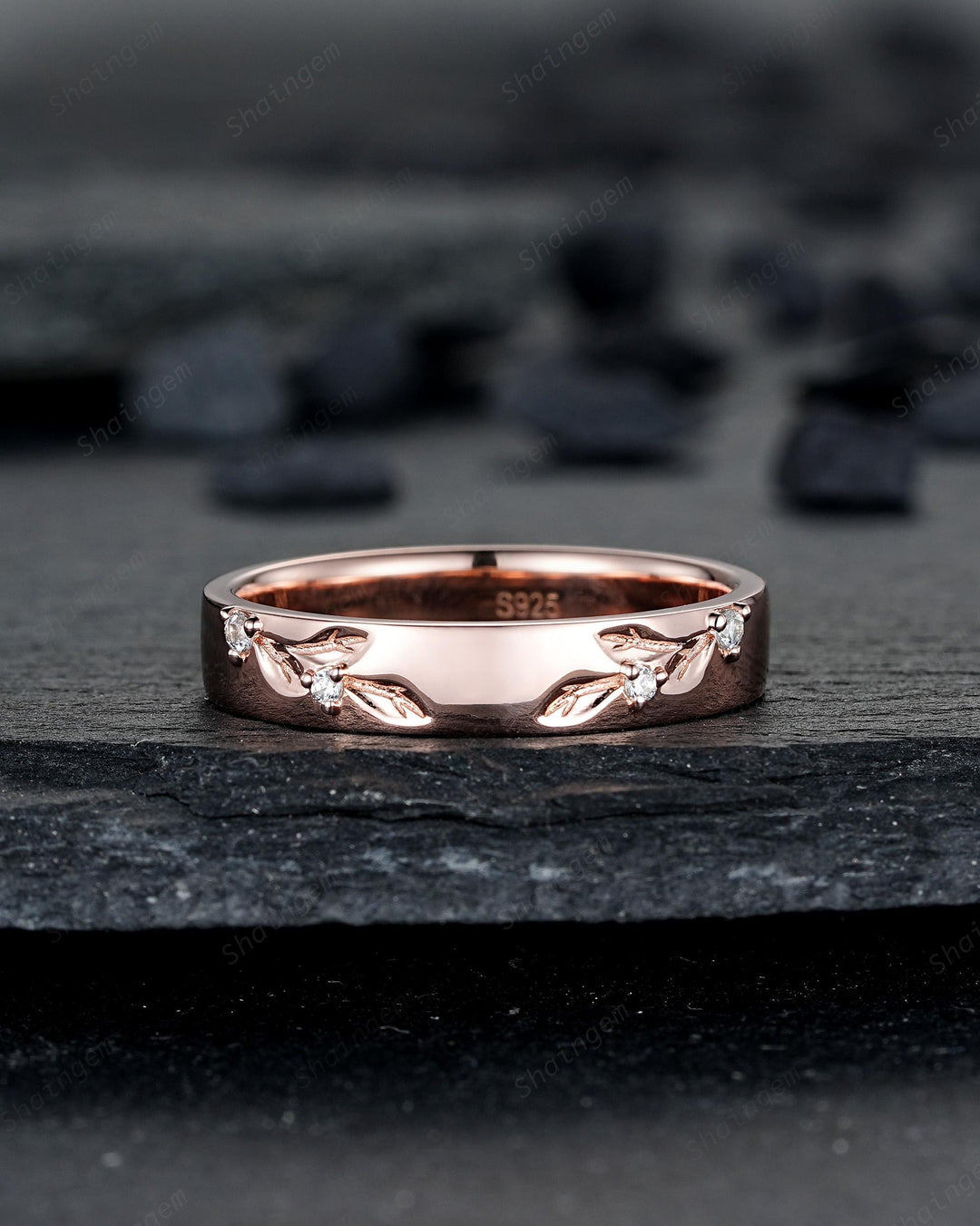 Nature Inspired Engraved Leaf His and Hers Diamond Couple Ring Set Open Gap Rose Gold Wedding Engagement Promise Men's Women's Matching Band - ShainJewelry