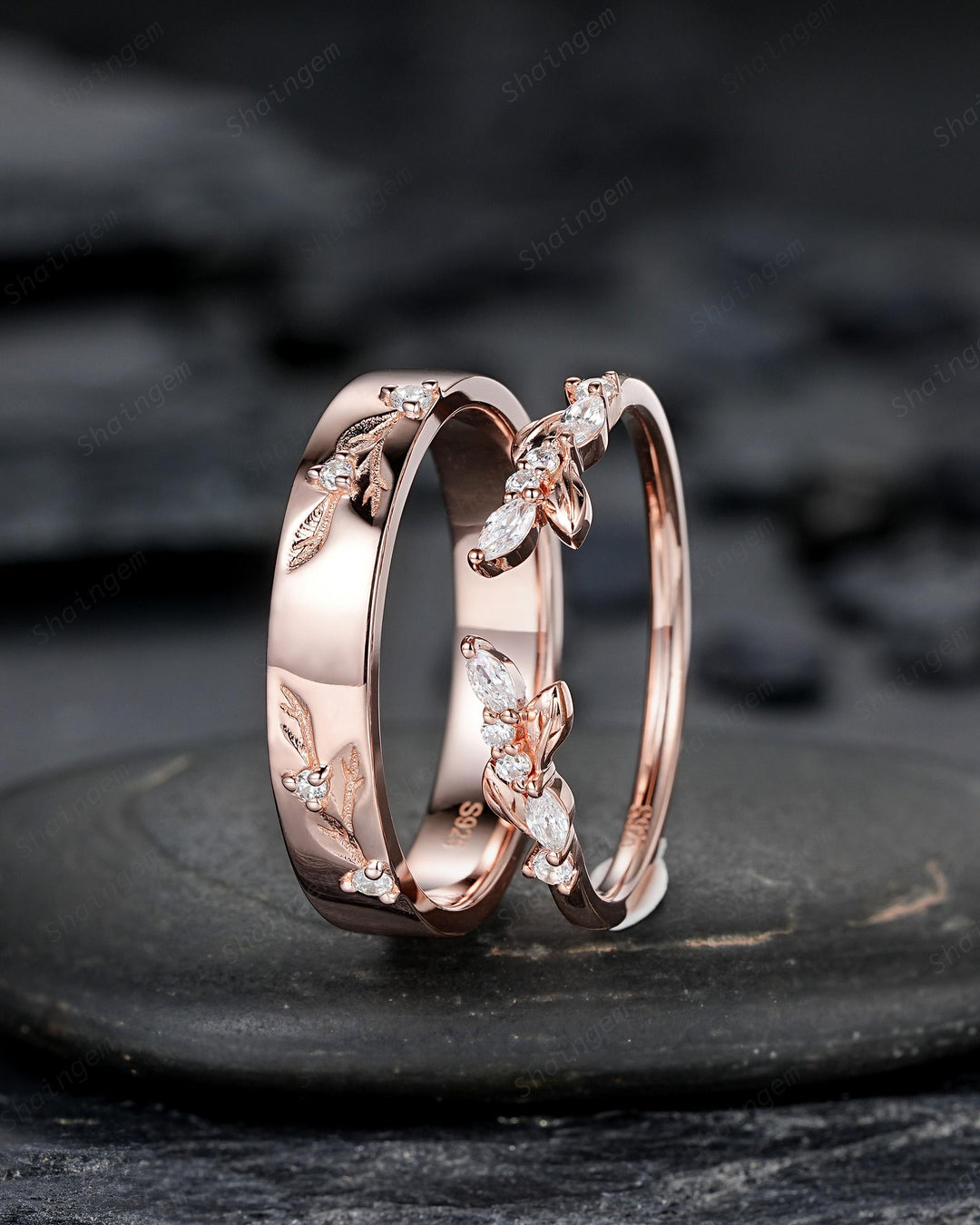 Nature Inspired Engraved Leaf His and Hers Diamond Couple Ring Set Open Gap Rose Gold Wedding Engagement Promise Men's Women's Matching Band - ShainJewelry