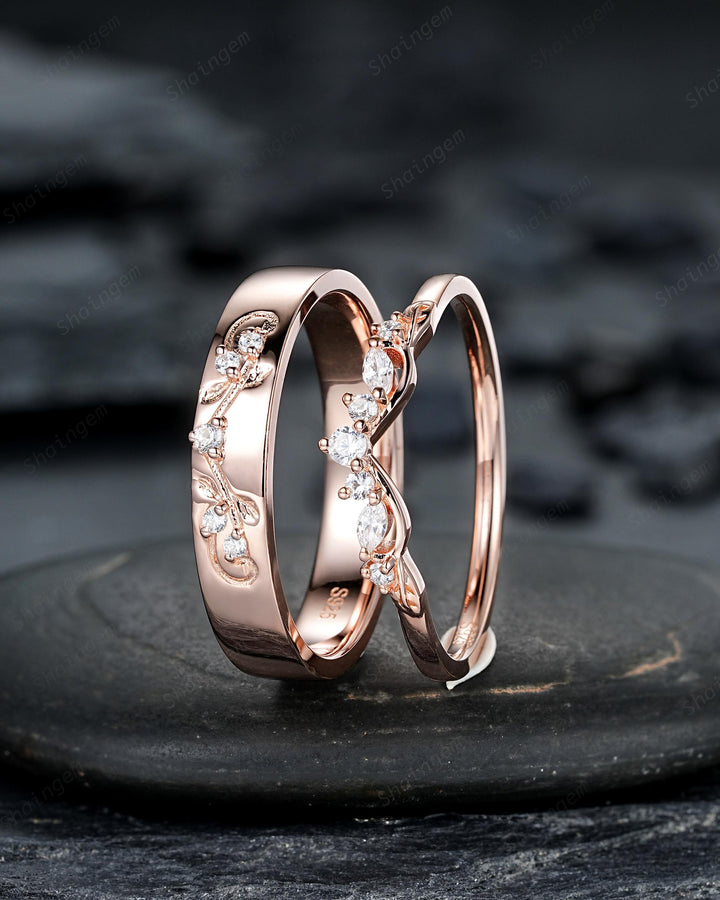 Nature Inspired Engraved Leaf His and Hers Diamond Couple Ring Set Rose Gold Wedding Engagement Promise Ring Men's Women's Matching Band - ShainJewelry