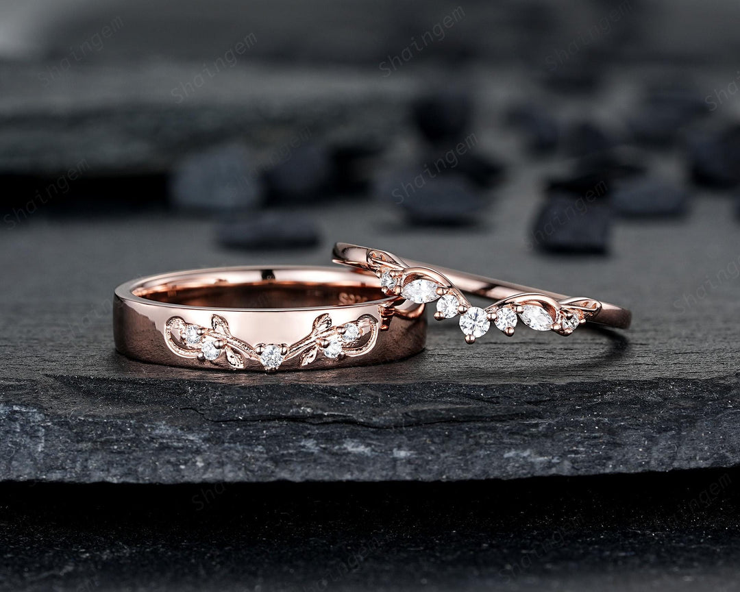 Nature Inspired Engraved Leaf His and Hers Diamond Couple Ring Set Rose Gold Wedding Engagement Promise Ring Men's Women's Matching Band - ShainJewelry