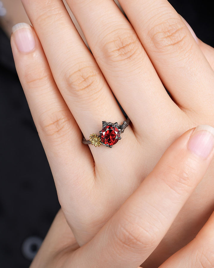 Gothic Two Tone Yellow Daisy April Birth Flower Garnet Solitaire Engagement Ring, Black Rhodium Nature Inspired Leaf Promise Wedding Ring - ShainJewelry