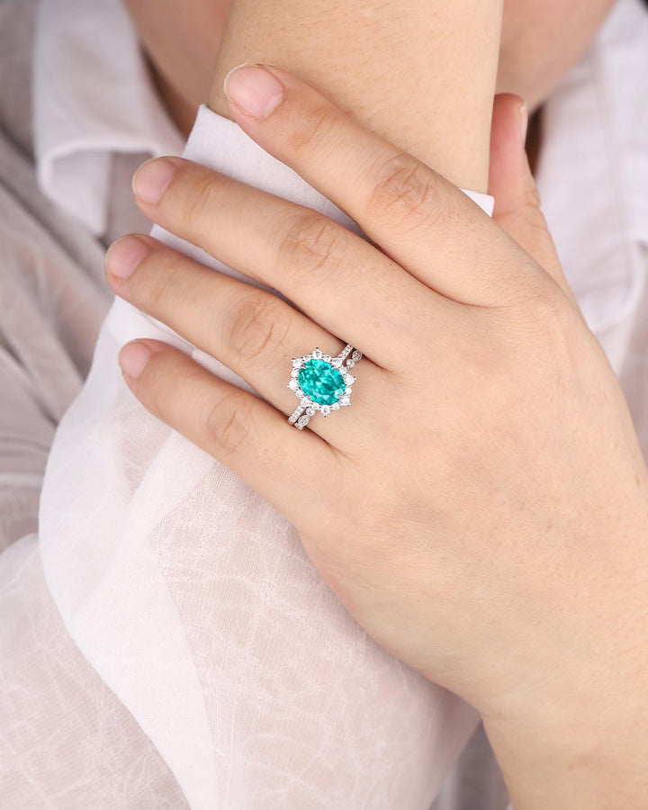 Platinum Oval Shape Paraiba Neon Blue Tourmaline Engagement Ring White Gold Diamond Halo Promise Wedding Ring Bridal Set, Floral Wedding set - ShainJewelry