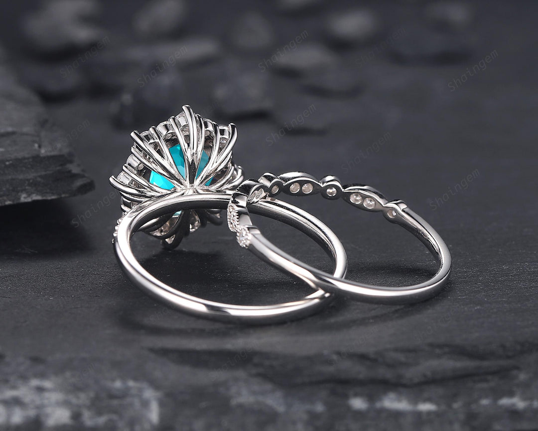 Platinum Oval Shape Paraiba Neon Blue Tourmaline Engagement Ring White Gold Diamond Halo Promise Wedding Ring Bridal Set, Floral Wedding set - ShainJewelry