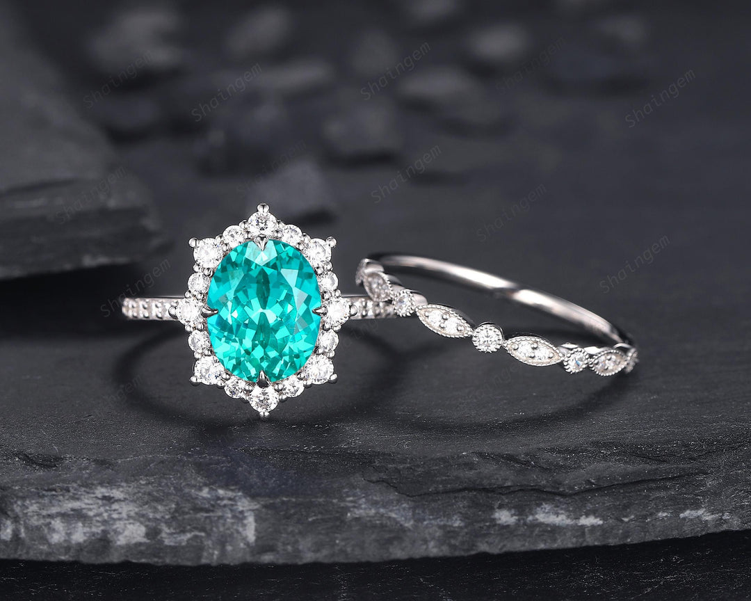 Platinum Oval Shape Paraiba Neon Blue Tourmaline Engagement Ring White Gold Diamond Halo Promise Wedding Ring Bridal Set, Floral Wedding set - ShainJewelry