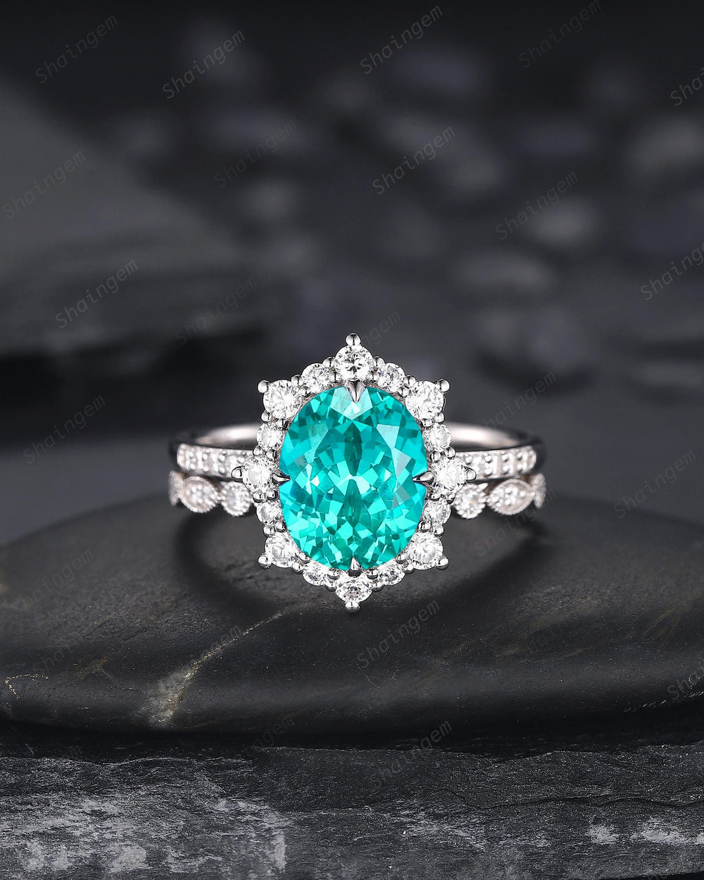 Platinum Oval Shape Paraiba Neon Blue Tourmaline Engagement Ring White Gold Diamond Halo Promise Wedding Ring Bridal Set, Floral Wedding set - ShainJewelry