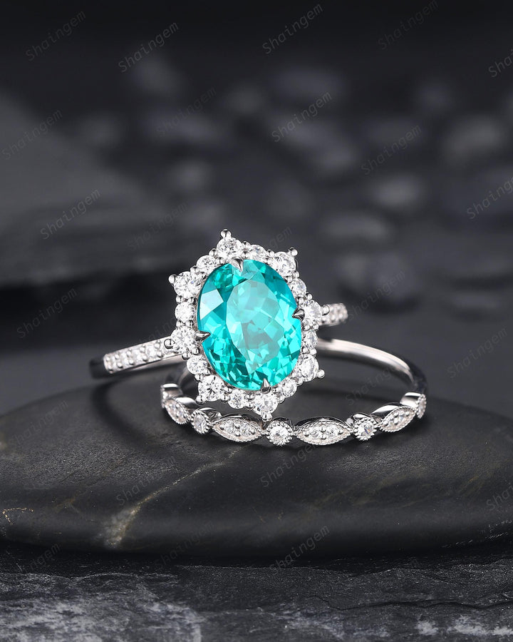 Platinum Oval Shape Paraiba Neon Blue Tourmaline Engagement Ring White Gold Diamond Halo Promise Wedding Ring Bridal Set, Floral Wedding set - ShainJewelry