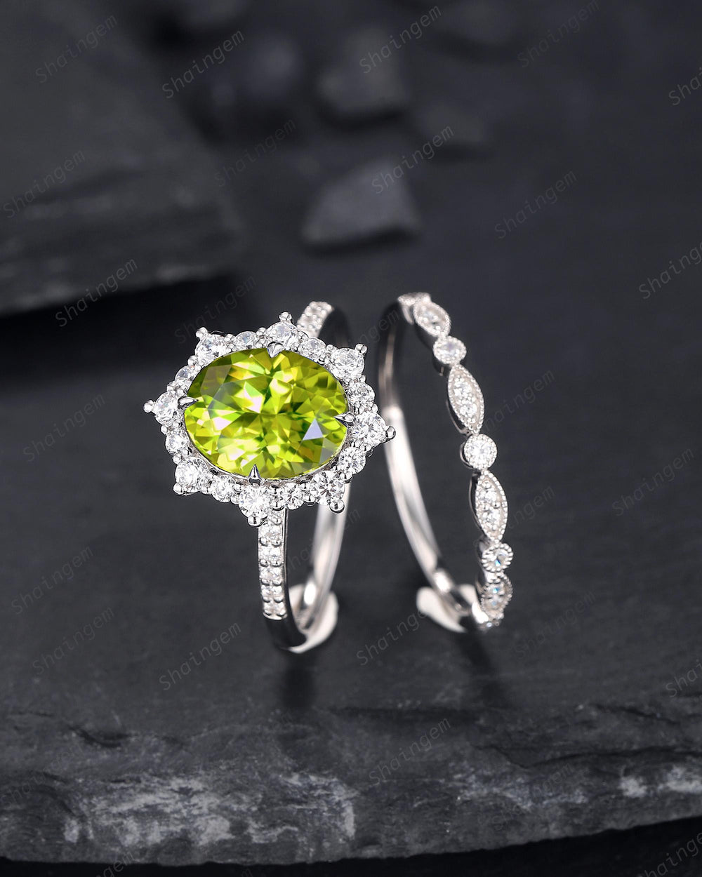 Platinum Oval Shape Natural Peridot Engagement Ring White Gold Diamond Halo Promise Wedding Ring Bridal Set, Floral Wedding Ring for Woman - ShainJewelry