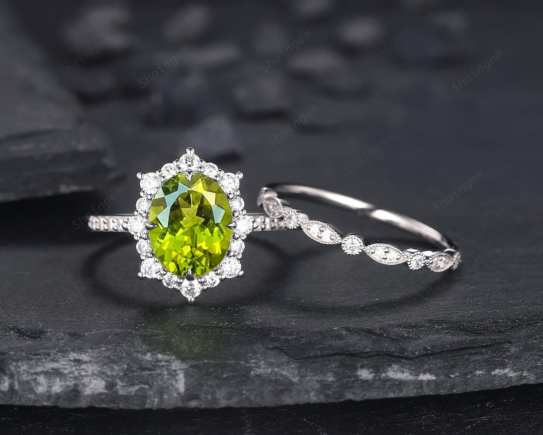 Platinum Oval Shape Natural Peridot Engagement Ring White Gold Diamond Halo Promise Wedding Ring Bridal Set, Floral Wedding Ring for Woman - ShainJewelry