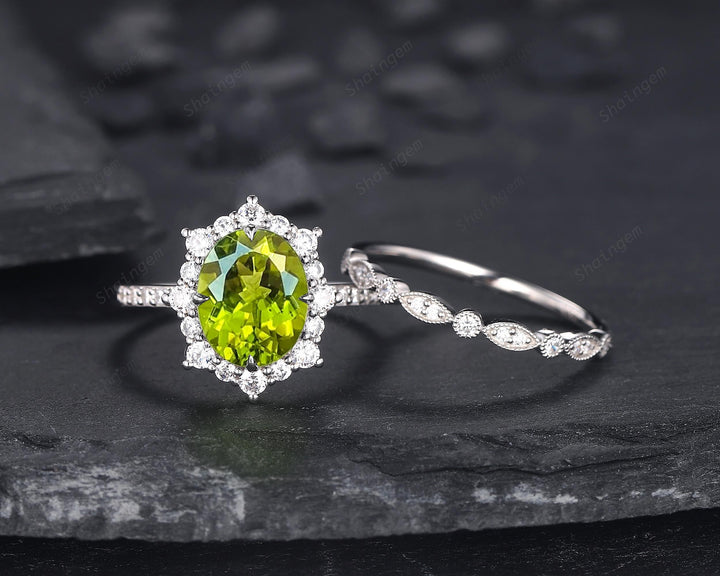 Platinum Oval Shape Natural Peridot Engagement Ring White Gold Diamond Halo Promise Wedding Ring Bridal Set, Floral Wedding Ring for Woman - ShainJewelry