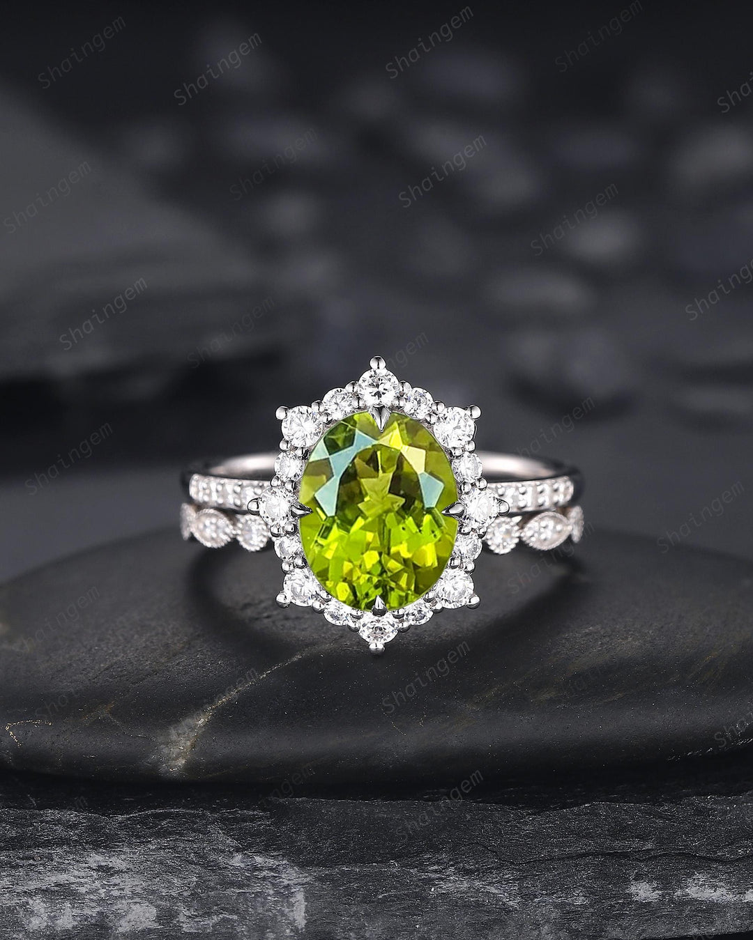 Platinum Oval Shape Natural Peridot Engagement Ring White Gold Diamond Halo Promise Wedding Ring Bridal Set, Floral Wedding Ring for Woman - ShainJewelry