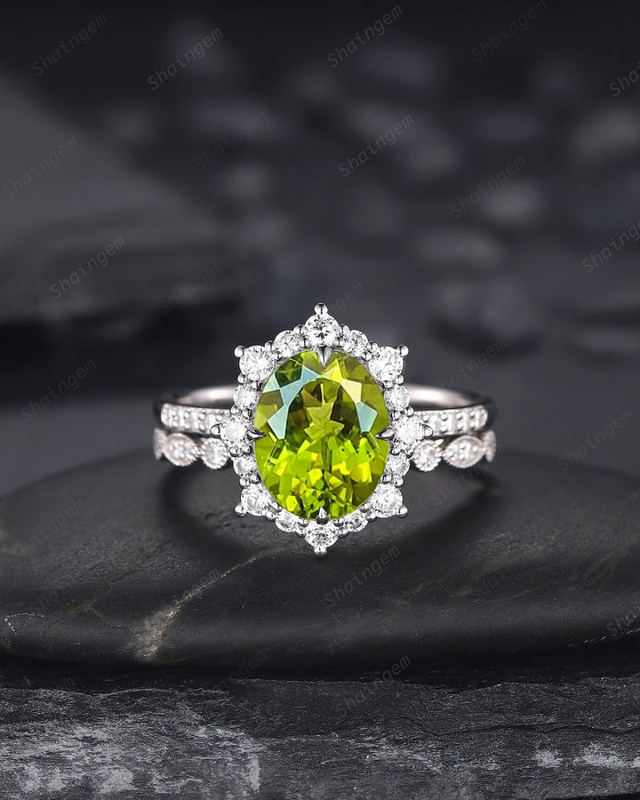 Platinum Oval Shape Natural Peridot Engagement Ring White Gold Diamond Halo Promise Wedding Ring Bridal Set, Floral Wedding Ring for Woman - ShainJewelry