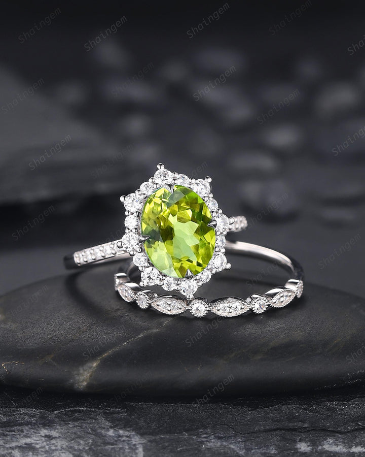 Platinum Oval Shape Natural Peridot Engagement Ring White Gold Diamond Halo Promise Wedding Ring Bridal Set, Floral Wedding Ring for Woman - ShainJewelry