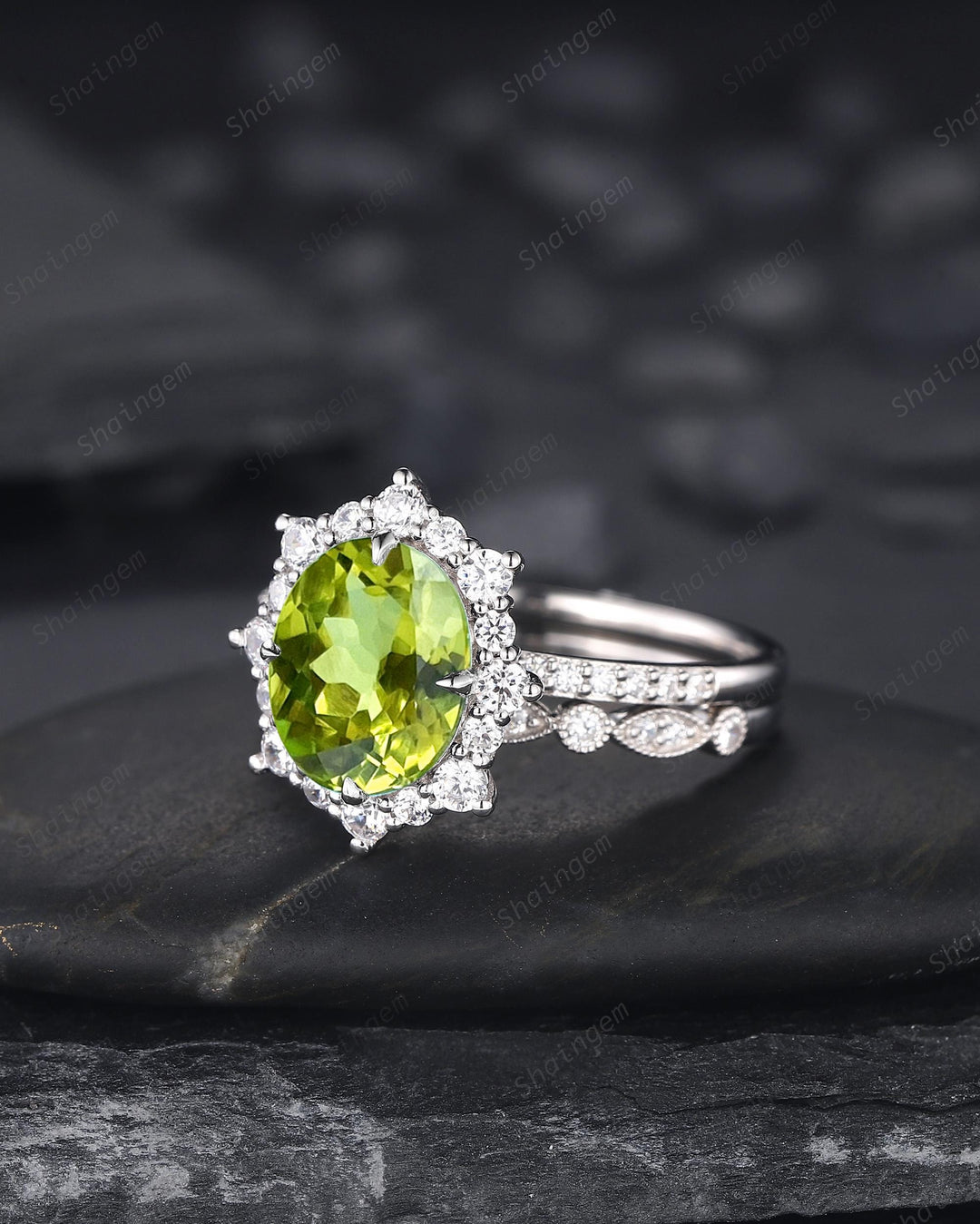 Platinum Oval Shape Natural Peridot Engagement Ring White Gold Diamond Halo Promise Wedding Ring Bridal Set, Floral Wedding Ring for Woman - ShainJewelry