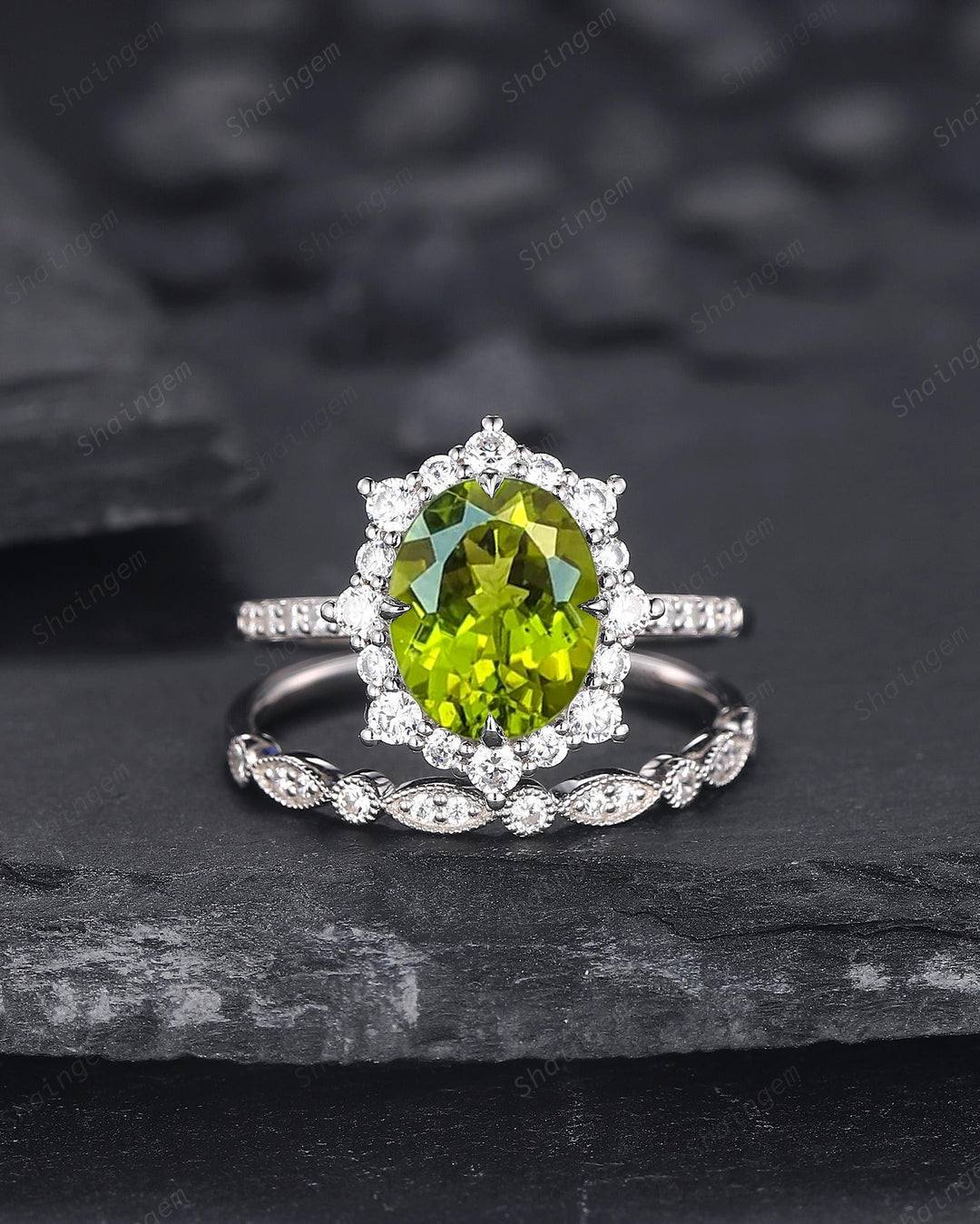 Platinum Oval Shape Natural Peridot Engagement Ring White Gold Diamond Halo Promise Wedding Ring Bridal Set, Floral Wedding Ring for Woman - ShainJewelry