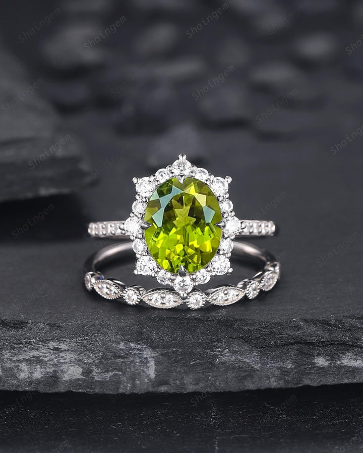 Platinum Oval Shape Natural Peridot Engagement Ring White Gold Diamond Halo Promise Wedding Ring Bridal Set, Floral Wedding Ring for Woman - ShainJewelry