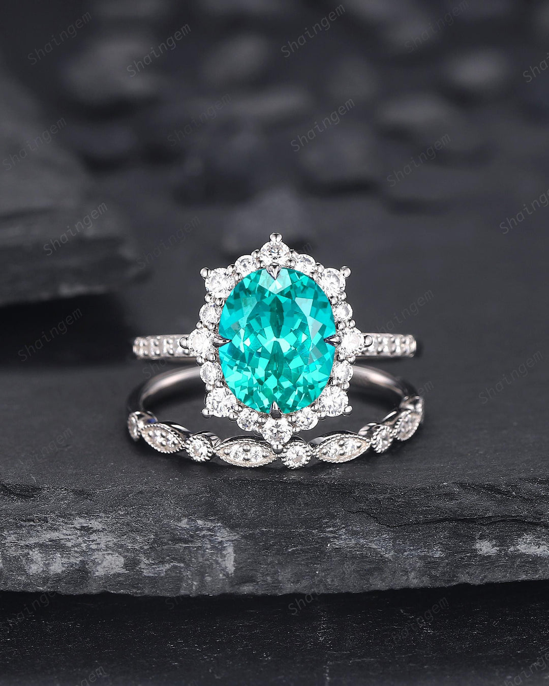 Platinum Oval Shape Paraiba Neon Blue Tourmaline Engagement Ring White Gold Diamond Halo Promise Wedding Ring Bridal Set, Floral Wedding set - ShainJewelry