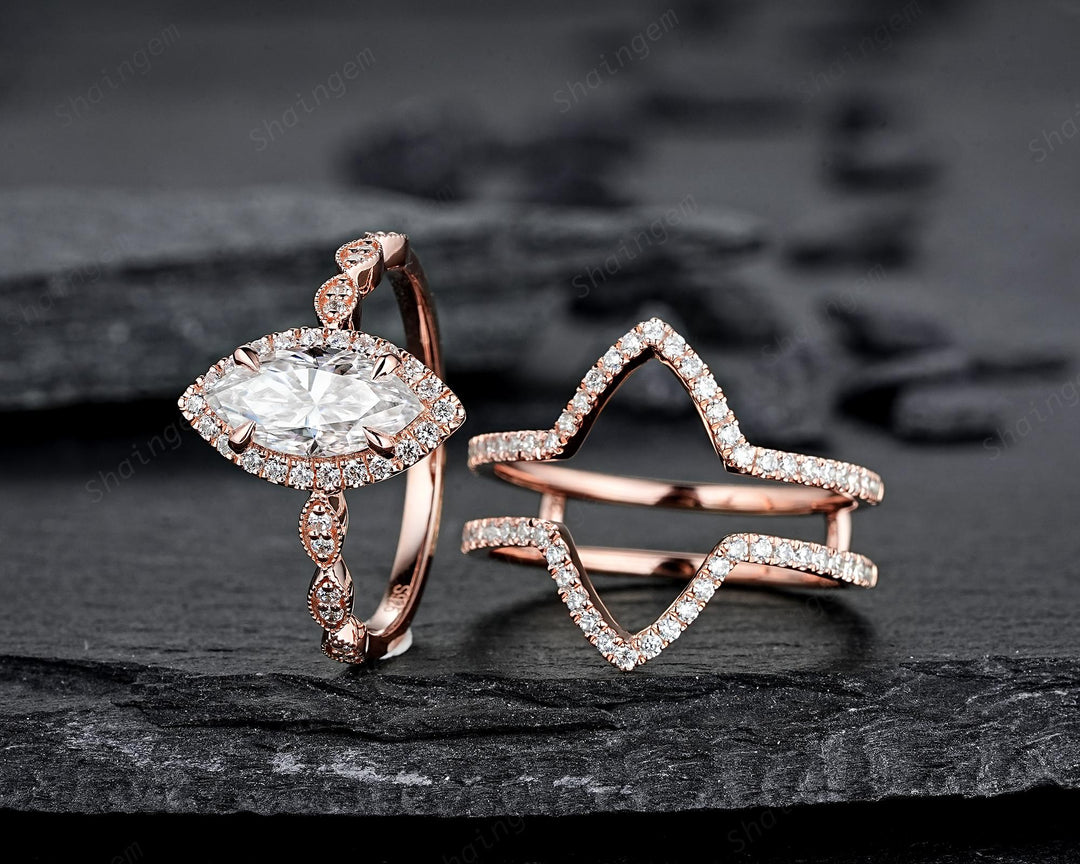 3PCS Marquise Cut Moissanite Engagement Ring V Shape Ring Guard Spacer Ring Enhancer Curved Soldered Band Halo Wedding Promise Ring for her - ShainJewelry