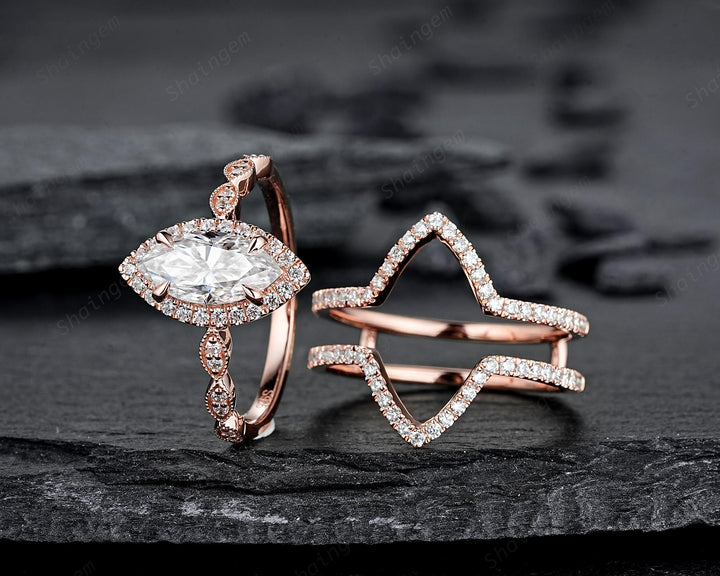 3PCS Marquise Cut Moissanite Engagement Ring V Shape Ring Guard Spacer Ring Enhancer Curved Soldered Band Halo Wedding Promise Ring for her - ShainJewelry