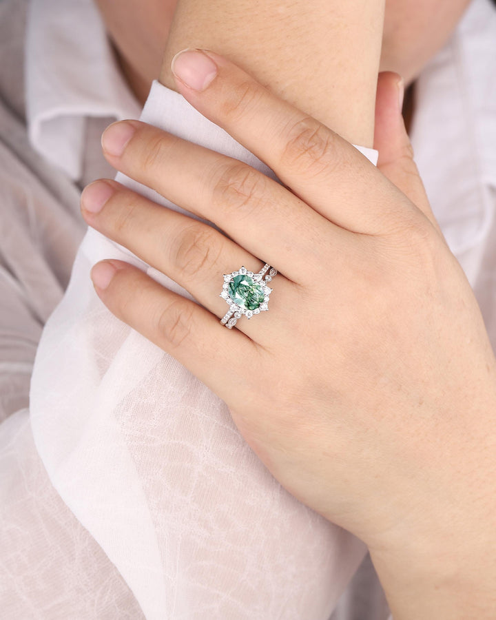 Platinum Oval Shape Moss Agate Halo Engagement Ring Set, Unique White Gold Wedding Set, Silver Moss Agate Bridal Set Anniversary Ring Gift - ShainJewelry