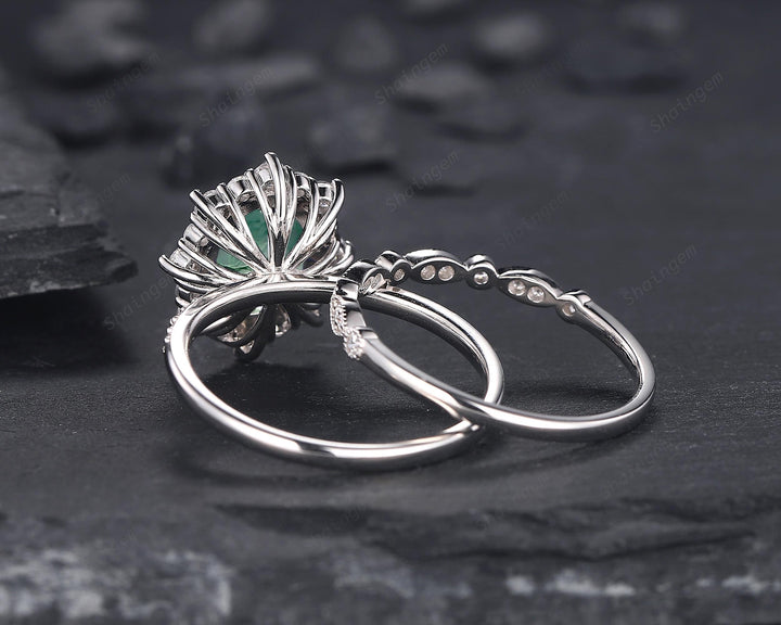 Platinum Oval Shape Moss Agate Halo Engagement Ring Set, Unique White Gold Wedding Set, Silver Moss Agate Bridal Set Anniversary Ring Gift - ShainJewelry