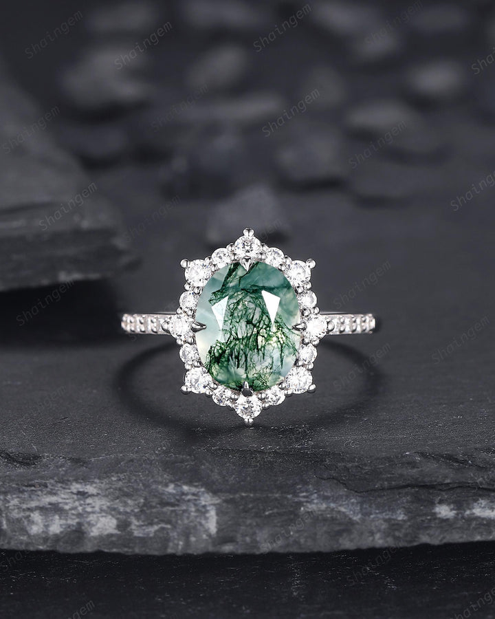 Platinum Oval Shape Moss Agate Halo Engagement Ring Set, Unique White Gold Wedding Set, Silver Moss Agate Bridal Set Anniversary Ring Gift - ShainJewelry
