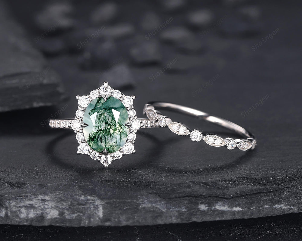 Platinum Oval Shape Moss Agate Halo Engagement Ring Set, Unique White Gold Wedding Set, Silver Moss Agate Bridal Set Anniversary Ring Gift - ShainJewelry