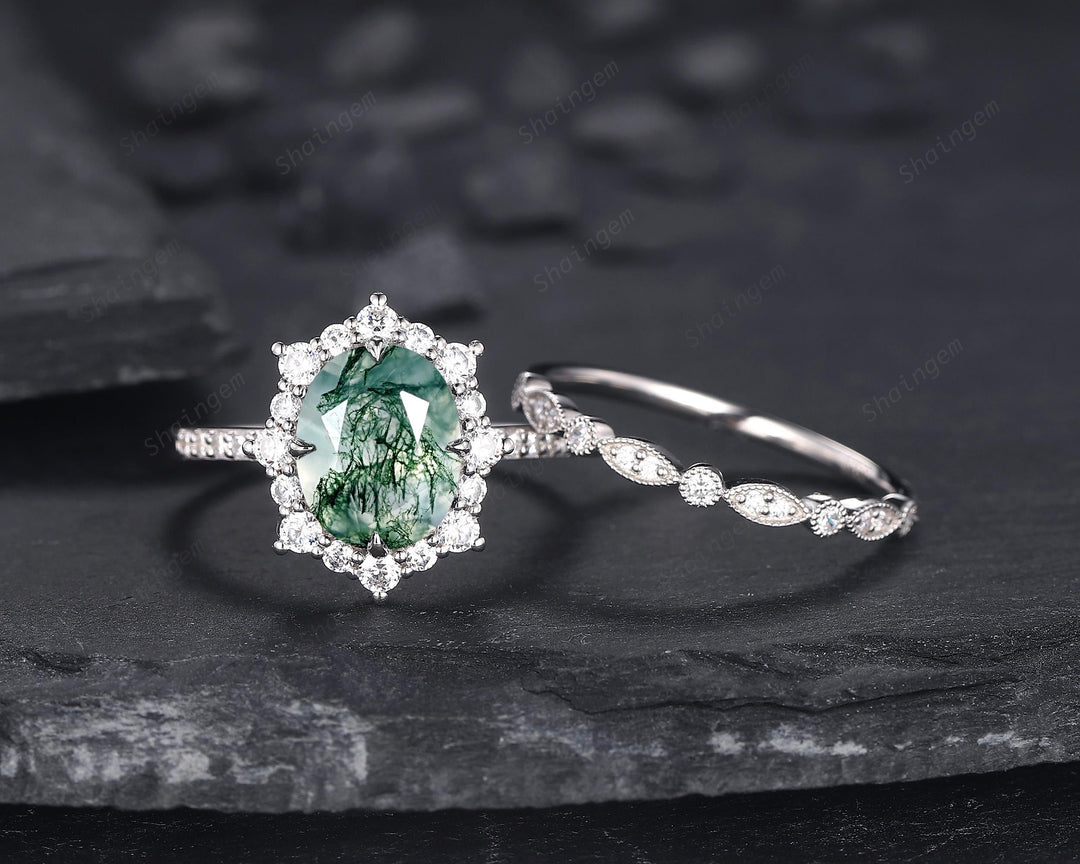 Platinum Oval Shape Moss Agate Halo Engagement Ring Set, Unique White Gold Wedding Set, Silver Moss Agate Bridal Set Anniversary Ring Gift - ShainJewelry