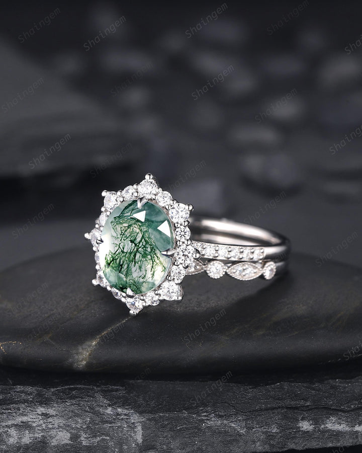 Platinum Oval Shape Moss Agate Halo Engagement Ring Set, Unique White Gold Wedding Set, Silver Moss Agate Bridal Set Anniversary Ring Gift - ShainJewelry