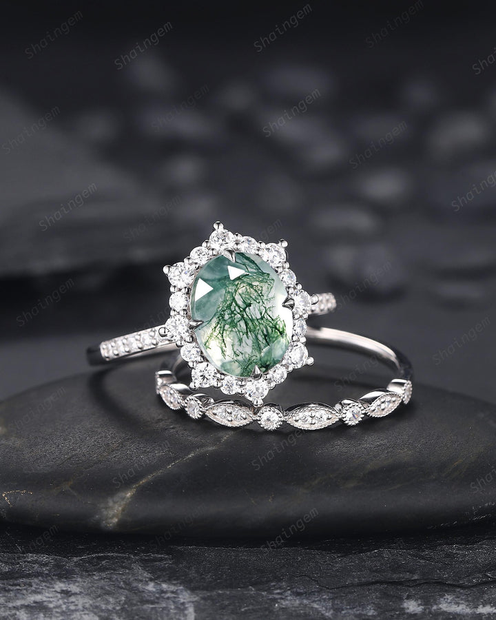 Platinum Oval Shape Moss Agate Halo Engagement Ring Set, Unique White Gold Wedding Set, Silver Moss Agate Bridal Set Anniversary Ring Gift - ShainJewelry