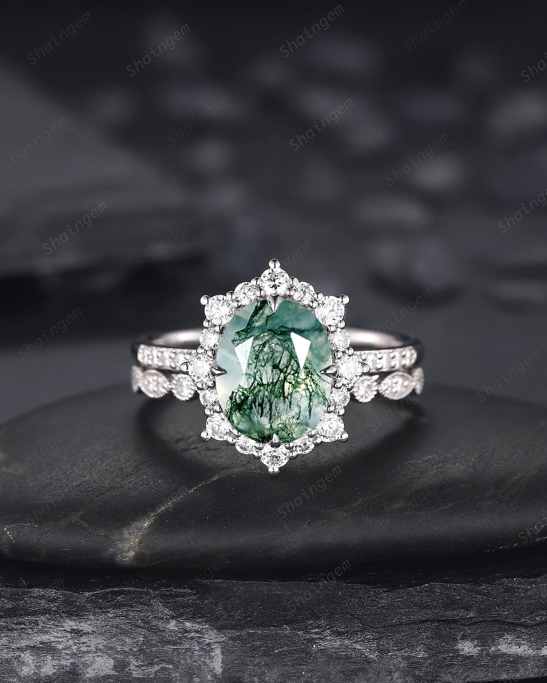 Platinum Oval Shape Moss Agate Halo Engagement Ring Set, Unique White Gold Wedding Set, Silver Moss Agate Bridal Set Anniversary Ring Gift - ShainJewelry